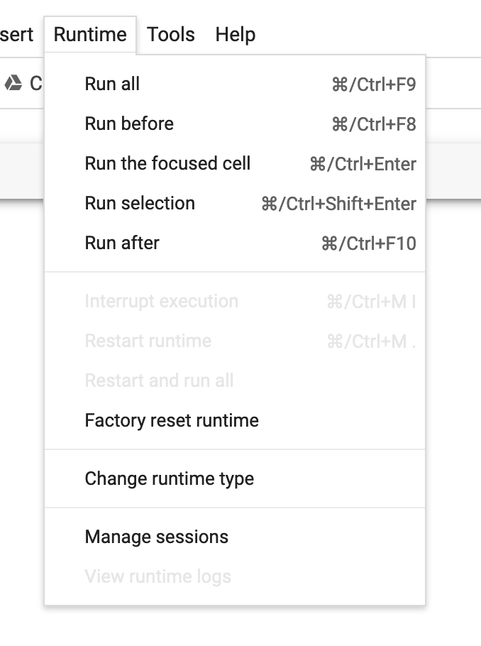 Screenshot of Colab runtime dropdown menu options